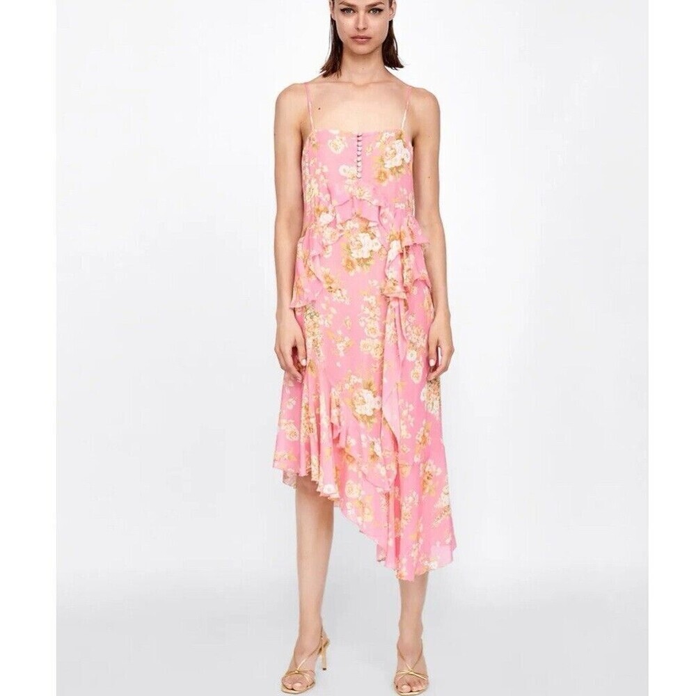 ZARA dress Pink floral Asymmetrical‎ Hem Midi Length Blogger Favorite size L
